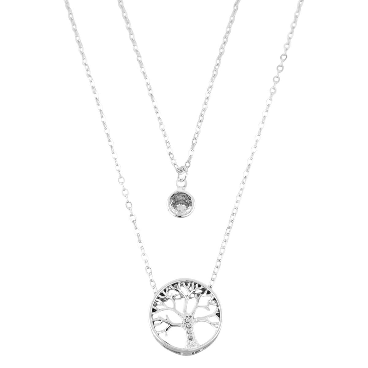 Colar Feminino Duplo Folheado a Prata Árvore da Vida e Ponto de Luz Prata