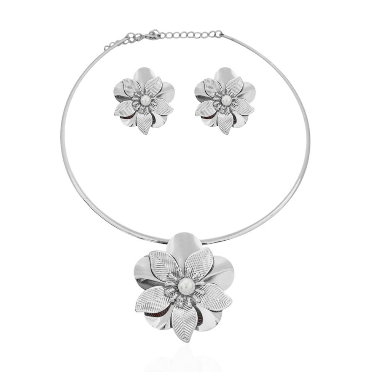 Conjunto Choker Aro e Brinco Folheado a Prata Flor Lisa e Detalhada Com Pérola Prata Prata 1