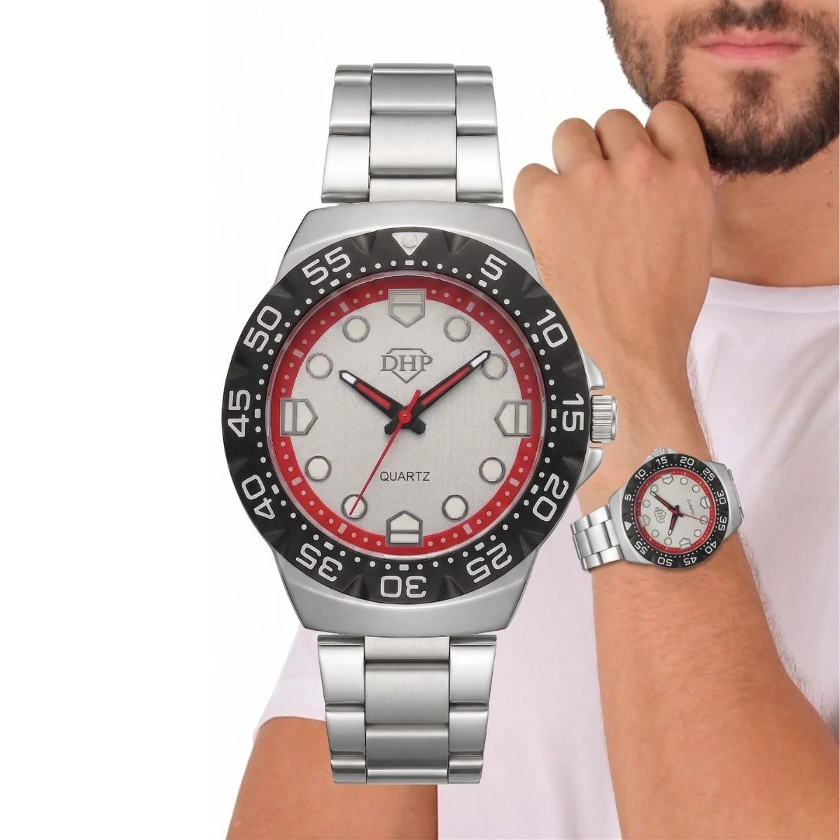 Relógio Masculino DHP Aço Inox A Prova D'água Catraca Prata Prata 3