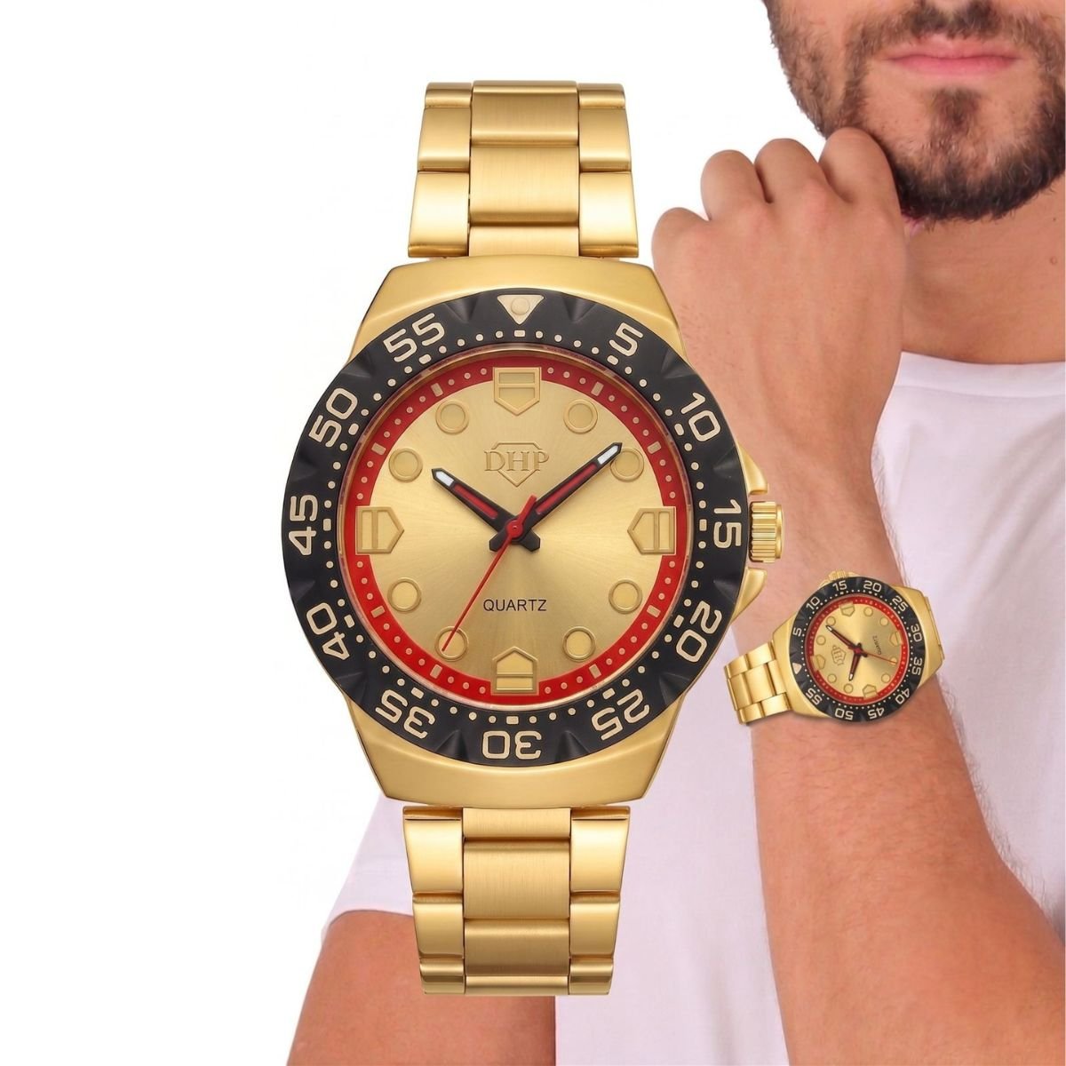 Relógio Masculino DHP Aço Inox A Prova D'água Catraca Dourado Dourado 3
