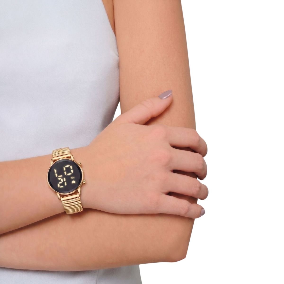 Relógio Feminino DHP Digital Led Dourado Pulseira Aço Inoxidável Fundo Preto à Prova d`água Dourado 3