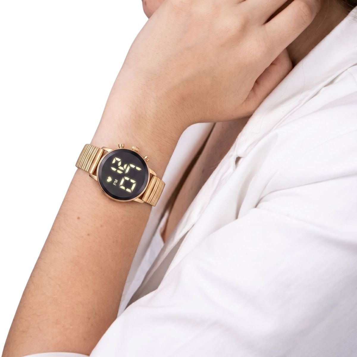 Relógio Feminino DHP Digital Led Dourado Pulseira Aço Inoxidável Fundo Preto à Prova d`água Dourado 4