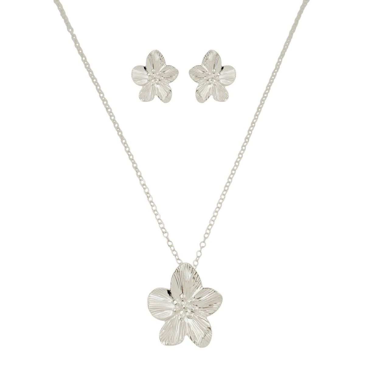 Conjunto Colar e Brinco Folheado a Prata 925 Flor Desenhada