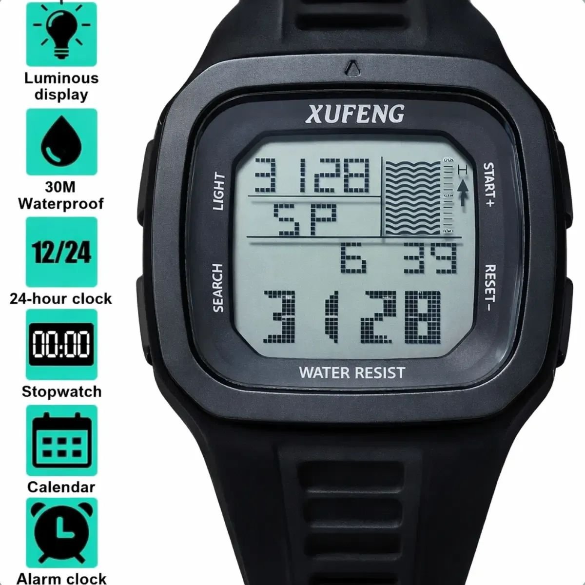 Relógio Digital Masculino Xufeng Premium Prova Dágua Casual Esportivo Resistente Até 30 Metros Profundidade Luz Led Alarme Cronômetro Preto Preto 2