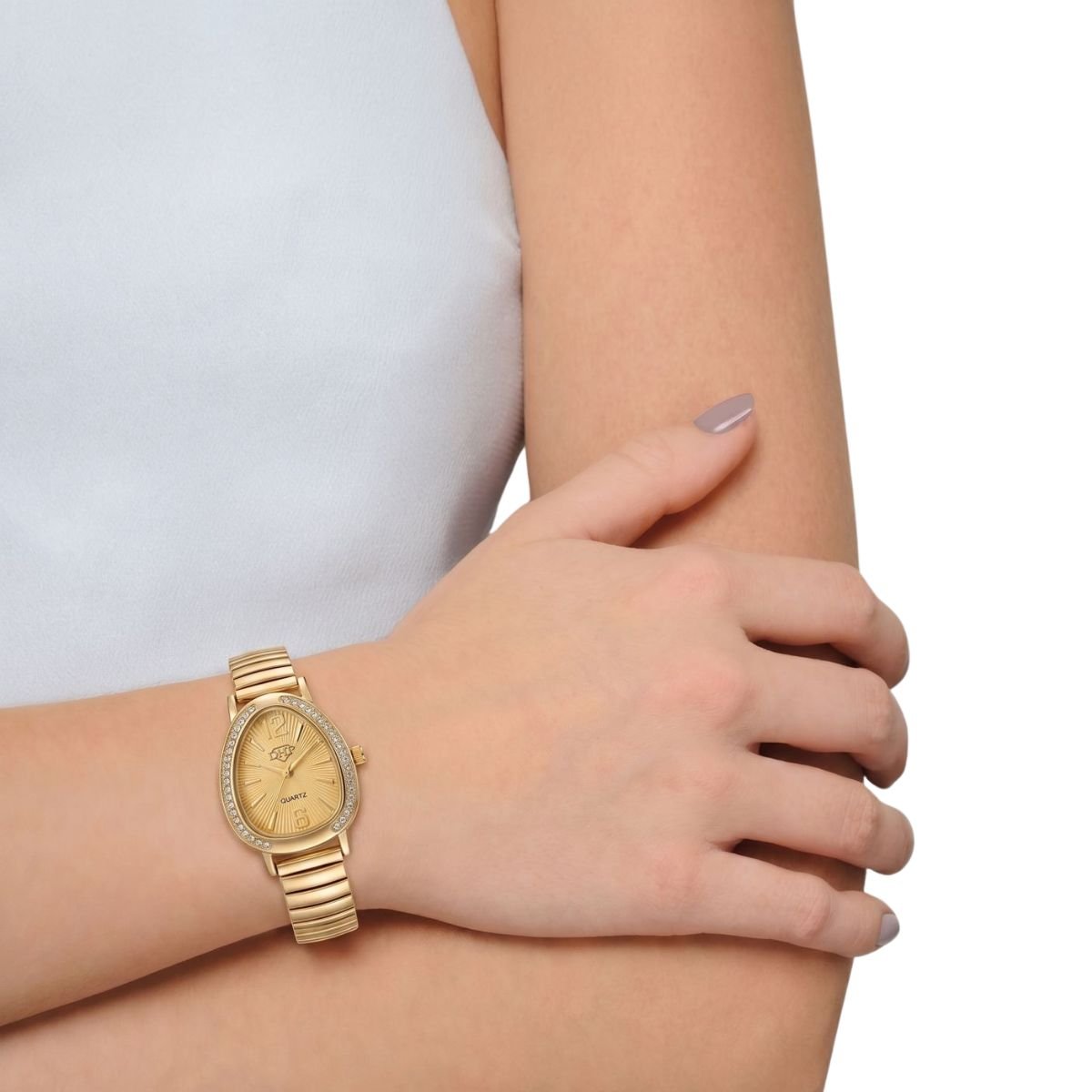 Relógio Feminino Luxo Gota Com Strass Correa Metal + Caixa Dourado Dourado 3