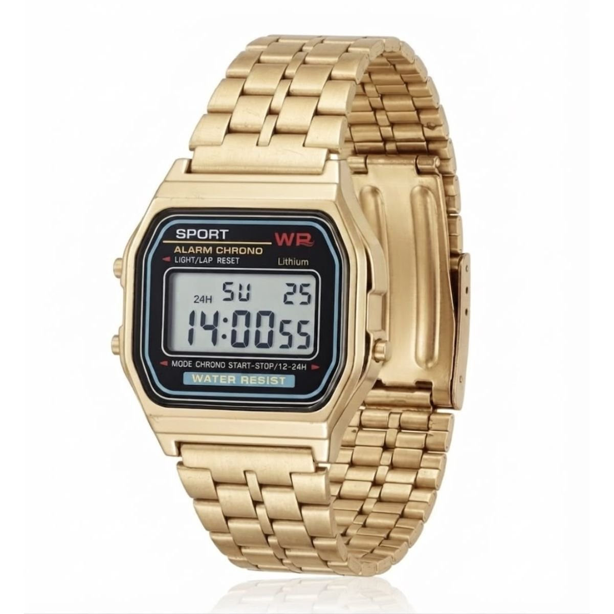 Relógio WR Retrô Digital Aço Inoxidável Vintage Unisex Dourado/Preto