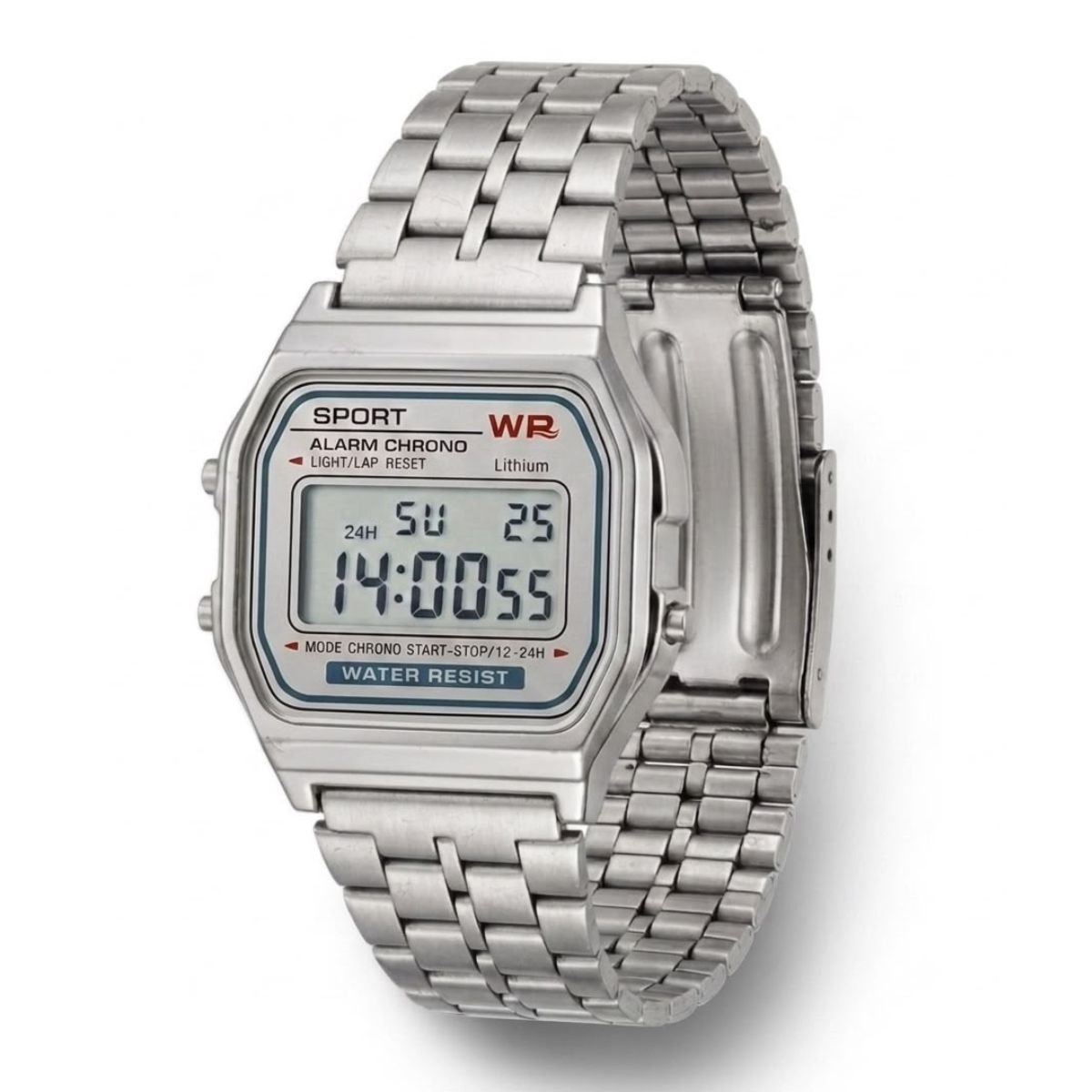 Relógio WR Retrô Digital Aço Inoxidável Vintage Unisex Prata/Prata