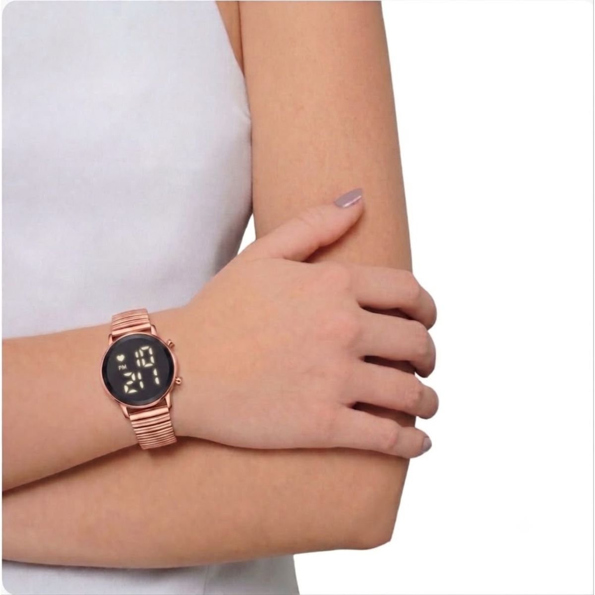 Relógio Feminino DHP Digital Led Rosê Pulseira Aço Inoxidável Fundo Preto à Prova d`água Rosa 3