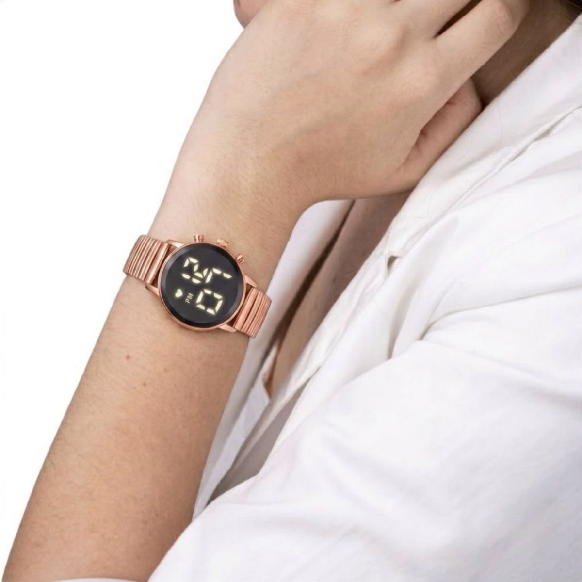 Relógio Feminino DHP Digital Led Rosê Pulseira Aço Inoxidável Fundo Preto à Prova d`água Rosa 4