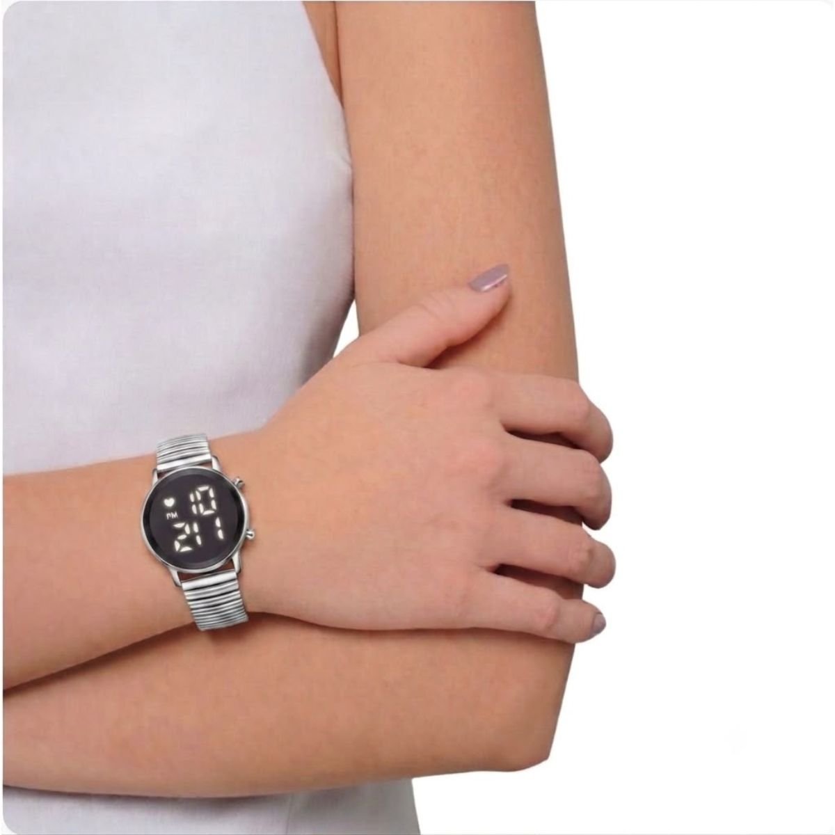 Relógio Feminino DHP Digital Led Prata Pulseira Aço Inoxidável Fundo Preto à Prova d`água Prata 3