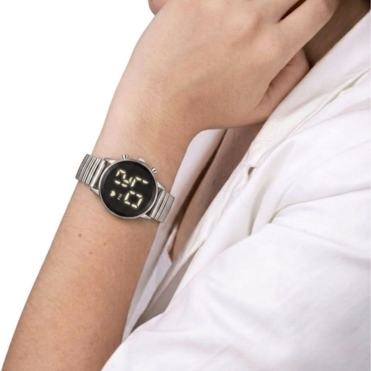 Relógio Feminino DHP Digital Led Prata Pulseira Aço Inoxidável Fundo Preto à Prova d`água Prata 4