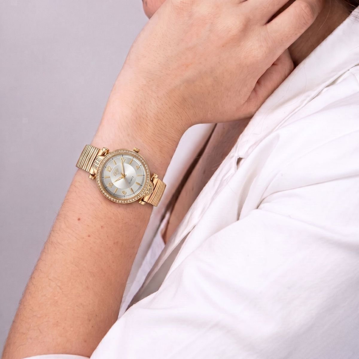 Relógio Feminino Com Strass Cravejado Dourado/Branco + Caixa Dourado 3