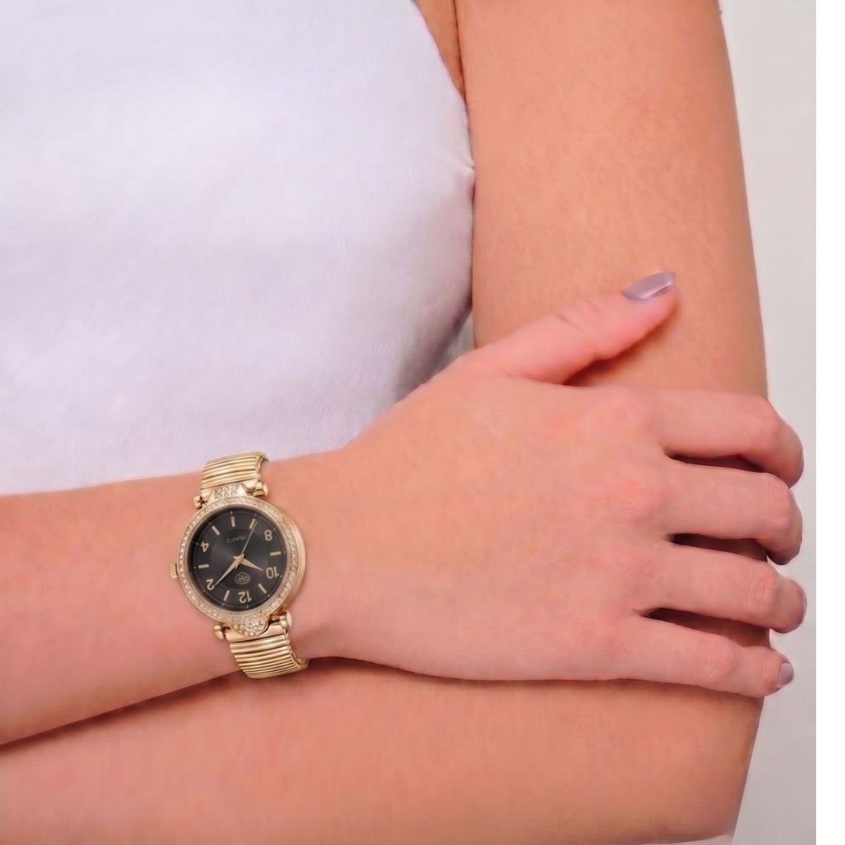 Relógio Feminino Com Strass Cravejado Dourado/Preto + Caixa Dourado 2