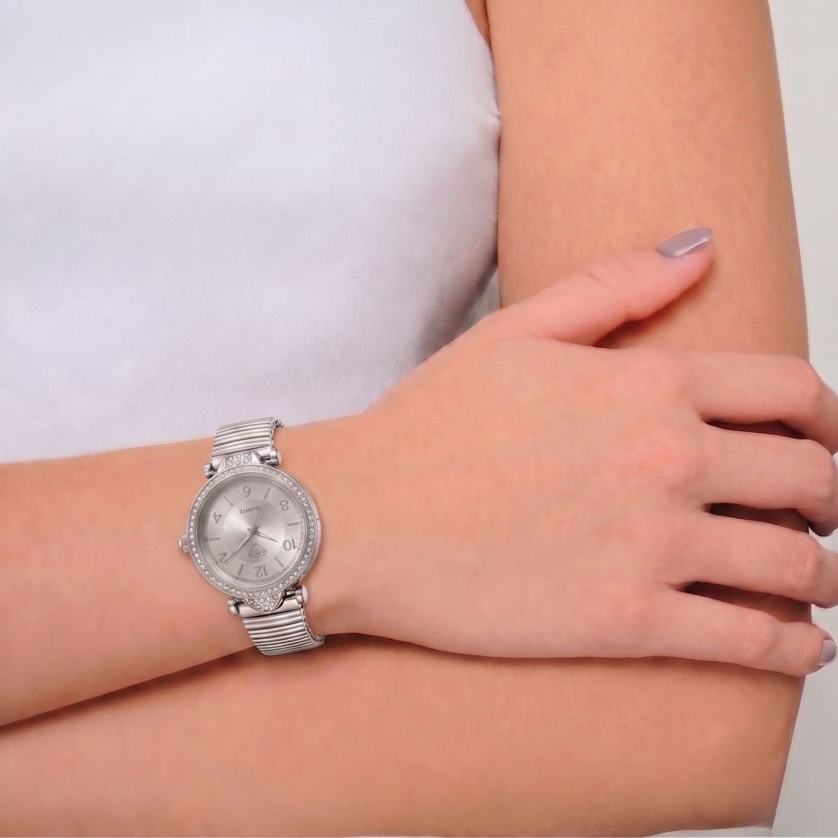 Relógio Feminino Com Strass Cravejado Prata + Caixa Dourado 2