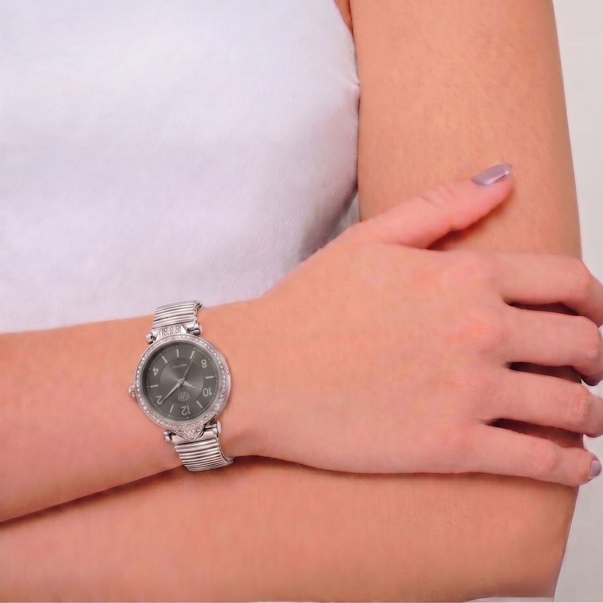 Relógio Feminino Com Strass Cravejado Prata/Preto + Caixa Prata 2