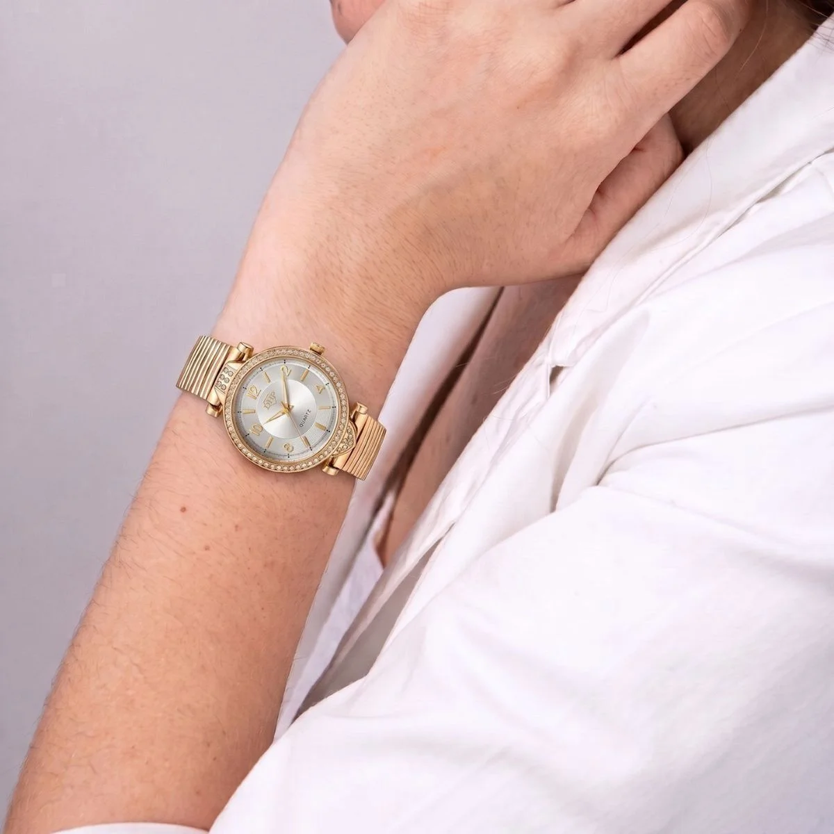 Relógio Feminino Com Strass Cravejado Dourado/Branco + Caixa Dourado 3