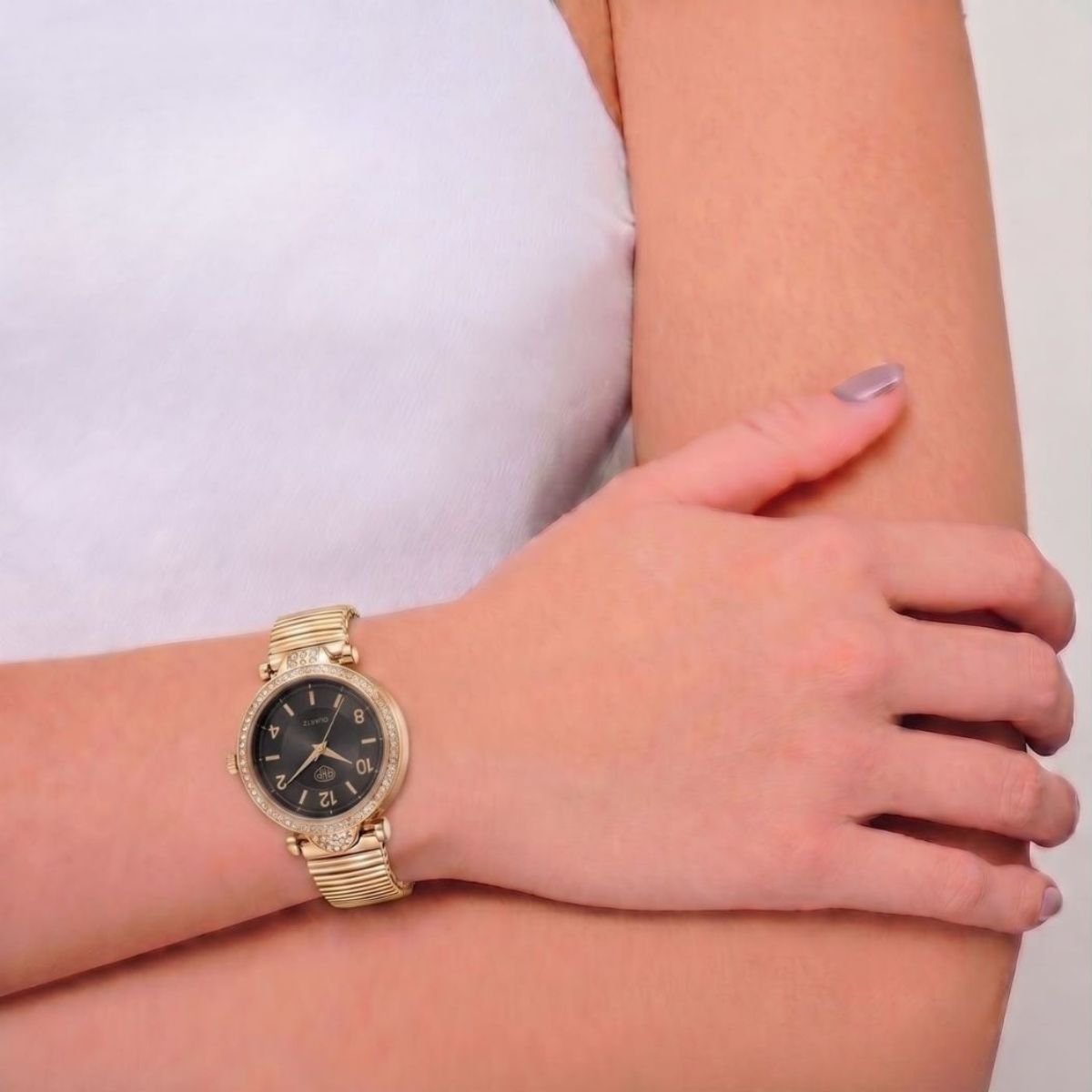 Relógio Feminino Com Strass Cravejado Dourado/Preto + Caixa Dourado 2