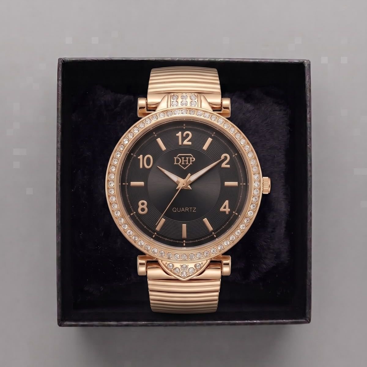 Relógio Feminino Com Strass Cravejado Dourado/Preto + Caixa Dourado 4
