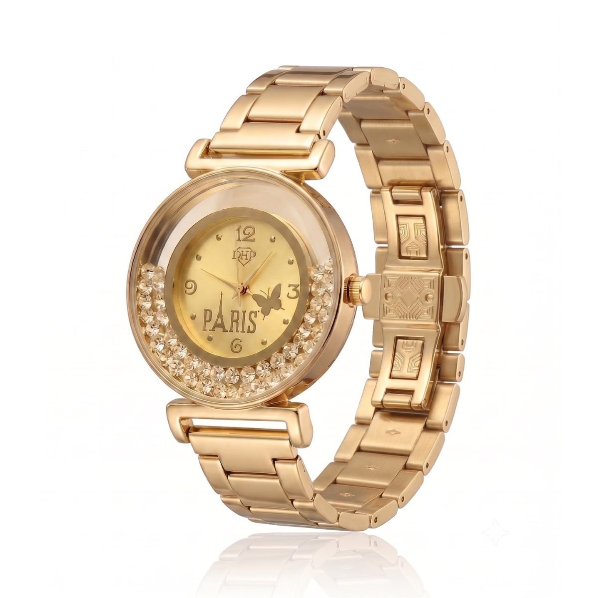 Relógio Feminino Luxo Paris Com Strass Dourado + Caixa