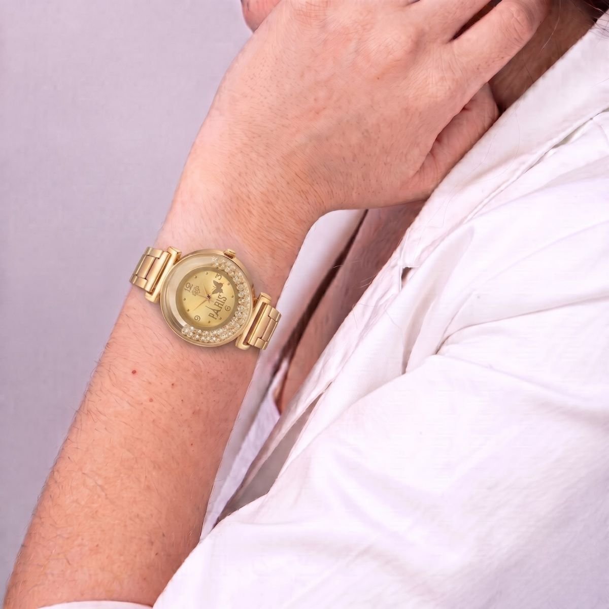 Relógio Feminino Luxo Paris Com Strass Dourado + Caixa Dourado 3