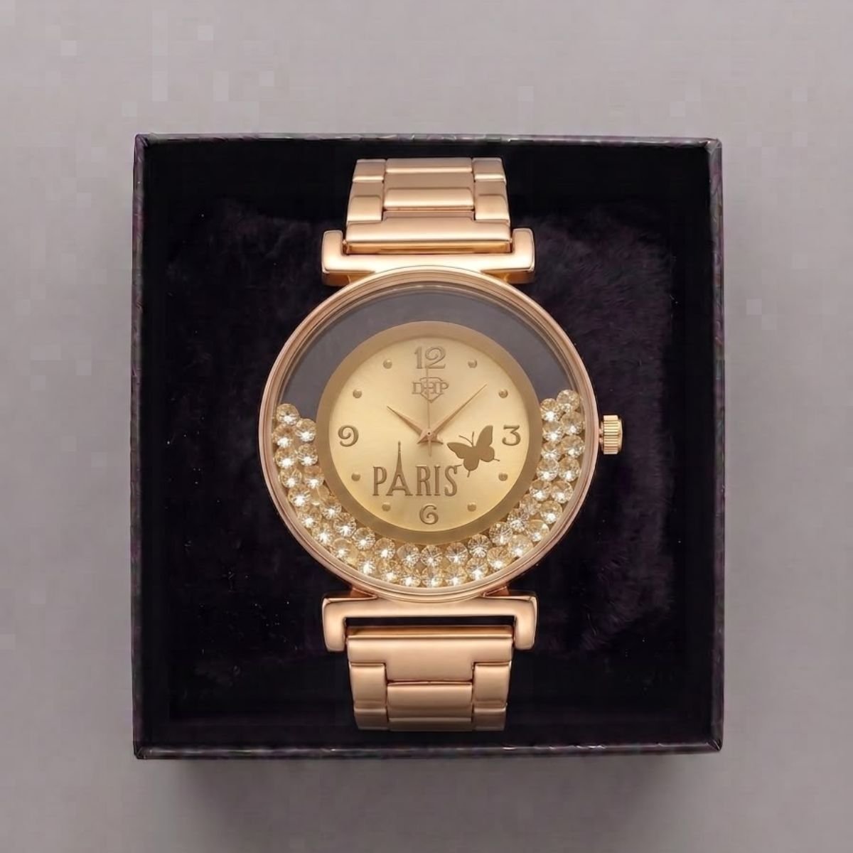 Relógio Feminino Luxo Paris Com Strass Dourado + Caixa Dourado 4