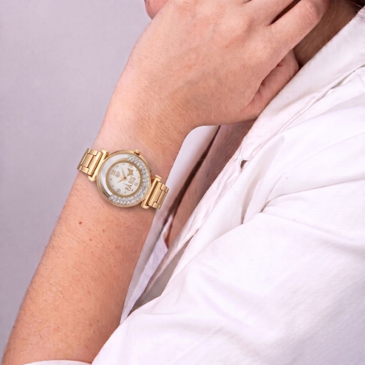 Relógio Feminino Luxo Paris Com Strass Dourado/Branco + Caixa Dourado 3