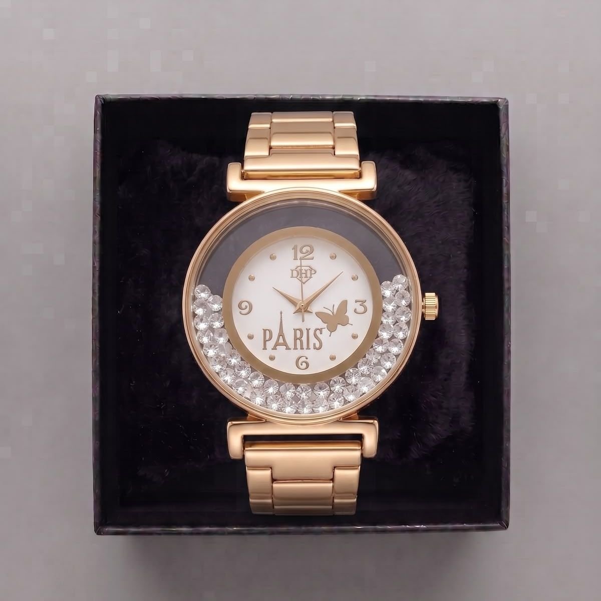 Relógio Feminino Luxo Paris Com Strass Dourado/Branco + Caixa Dourado 4