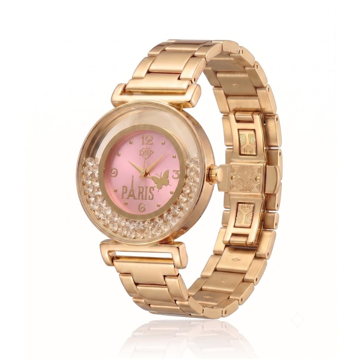 Relógio Feminino Luxo Paris Com Strass Dourado/Rosa + Caixa