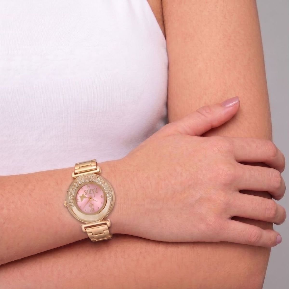 Relógio Feminino Luxo Paris Com Strass Dourado/Rosa + Caixa Dourado 2