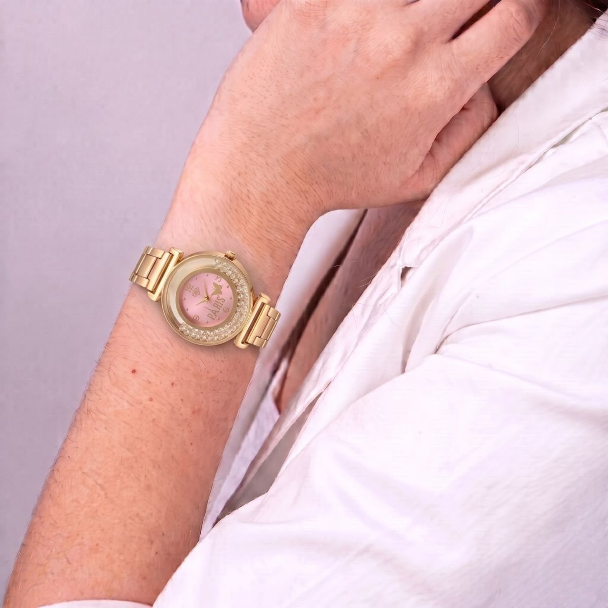 Relógio Feminino Luxo Paris Com Strass Dourado/Rosa + Caixa Dourado 3