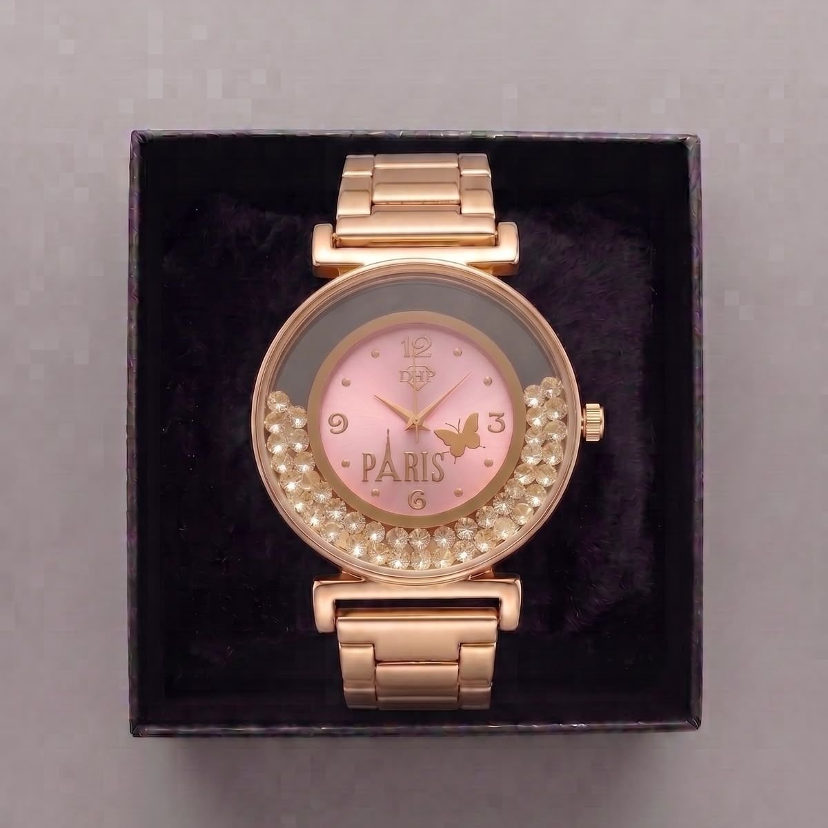 Relógio Feminino Luxo Paris Com Strass Dourado/Rosa + Caixa Dourado 4