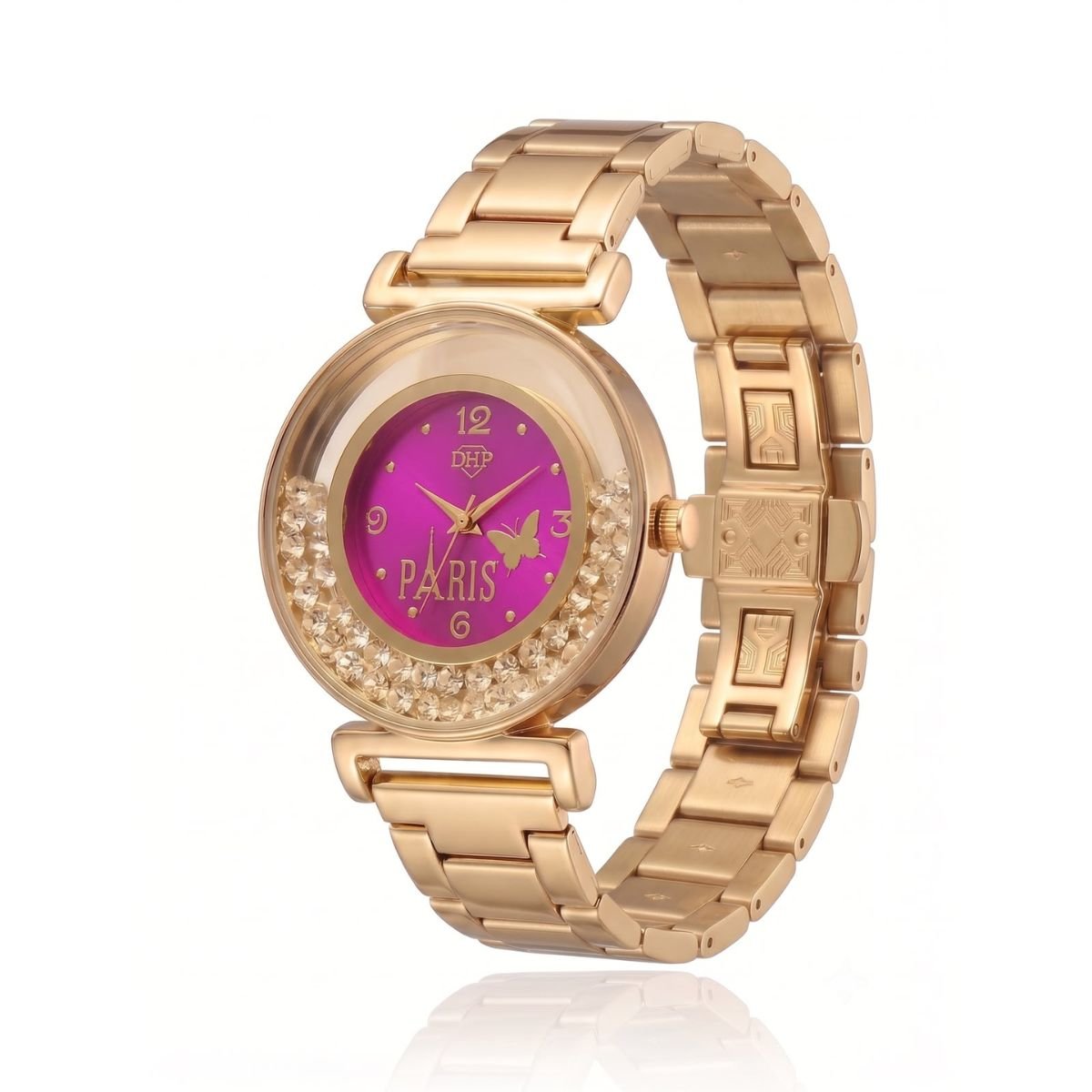 Relógio Feminino Luxo Paris Com Strass Dourado/Roxo + Caixa