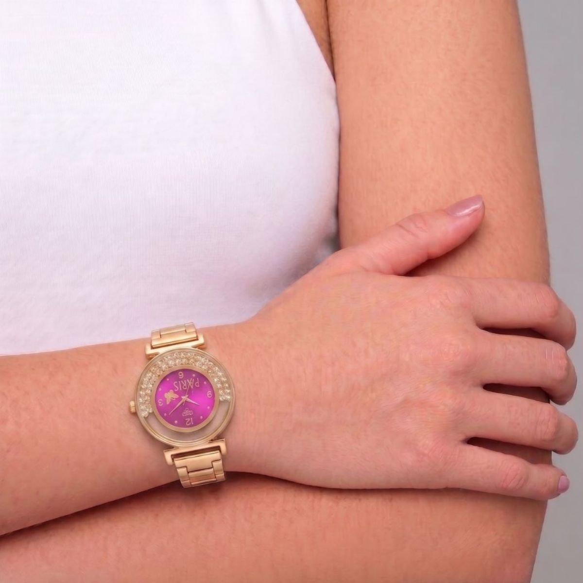 Relógio Feminino Luxo Paris Com Strass Dourado/Roxo + Caixa Dourado 2