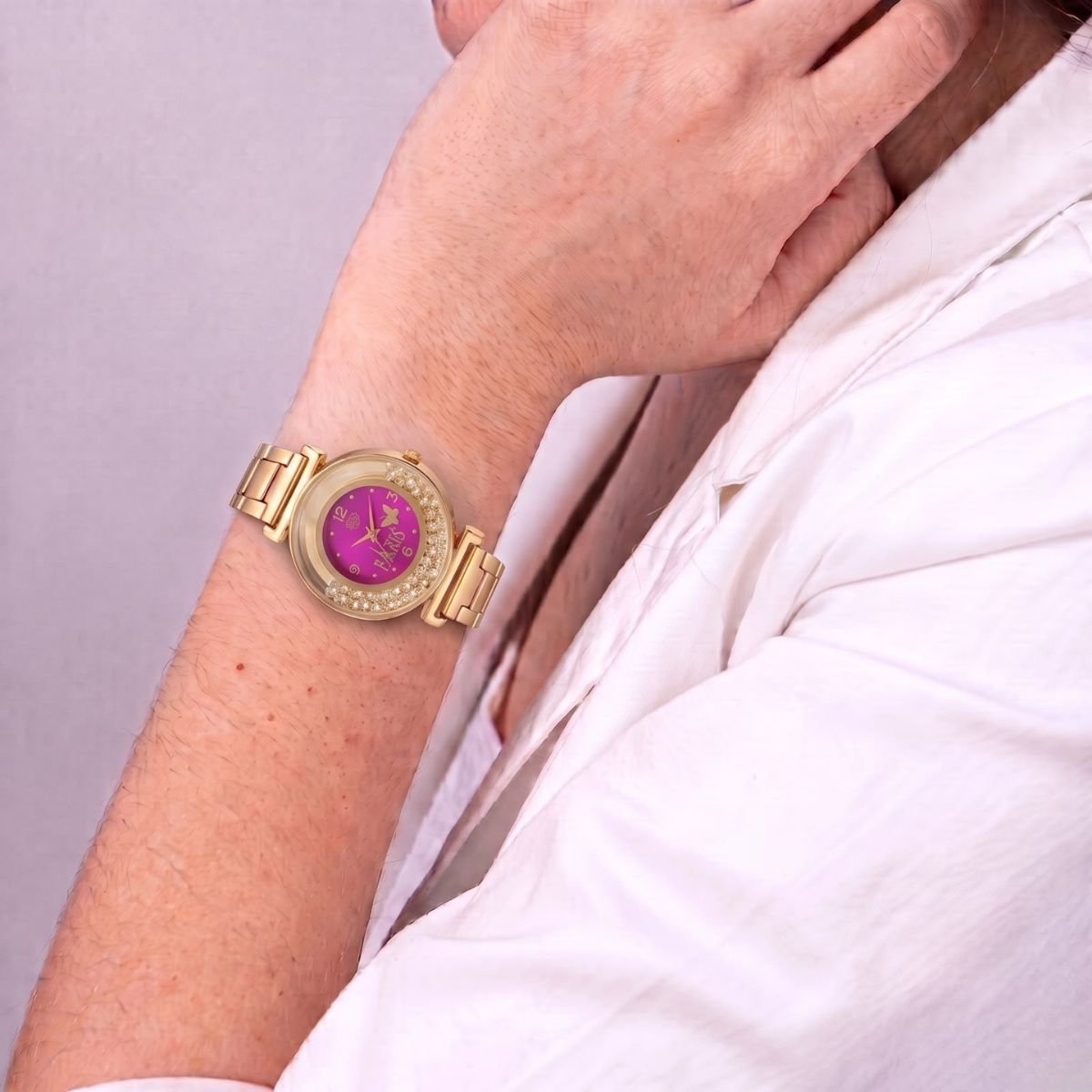 Relógio Feminino Luxo Paris Com Strass Dourado/Roxo + Caixa Dourado 3