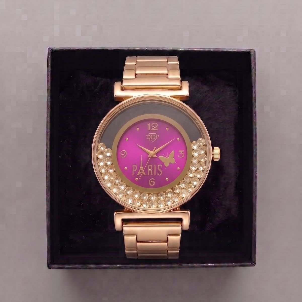 Relógio Feminino Luxo Paris Com Strass Dourado/Roxo + Caixa Dourado 4