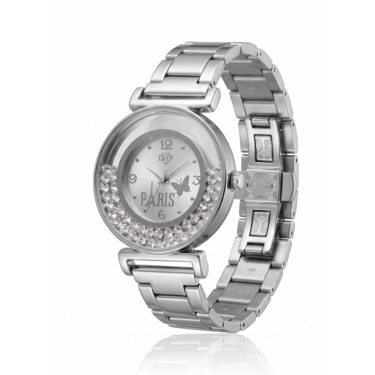 Relógio Feminino Luxo Paris Com Strass Prata + Caixa