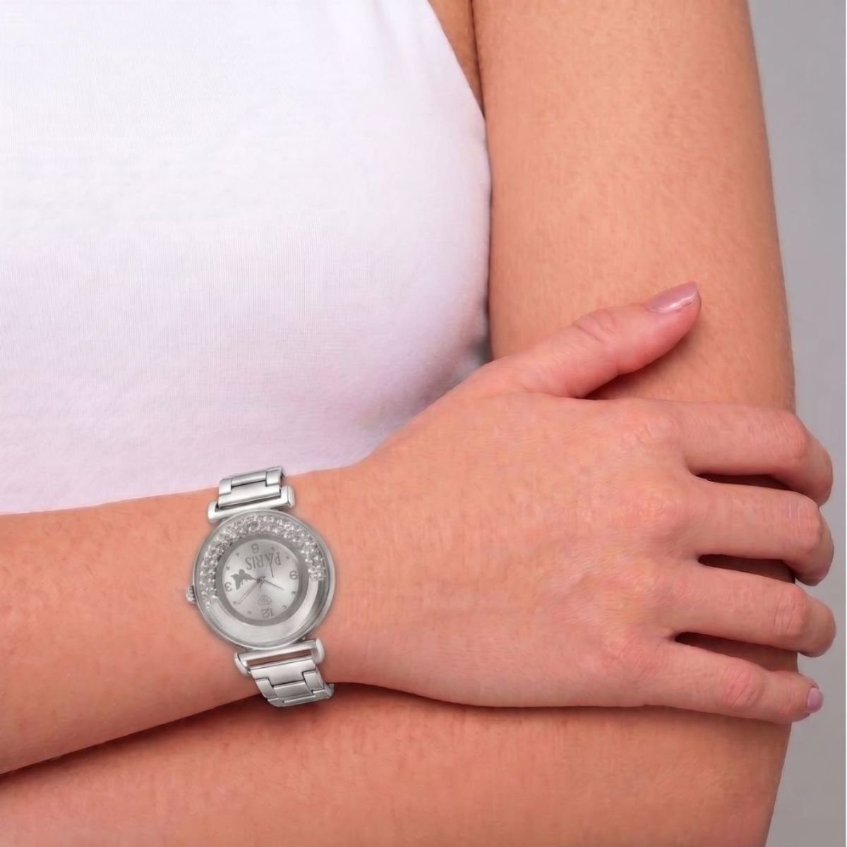Relógio Feminino Luxo Paris Com Strass Prata + Caixa Prata 2