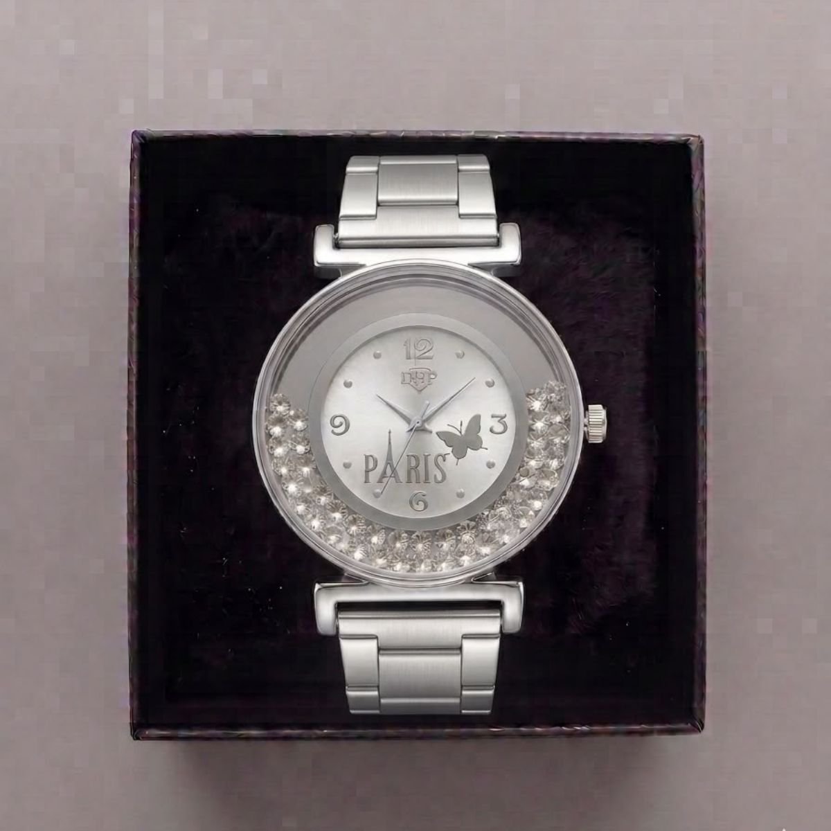 Relógio Feminino Luxo Paris Com Strass Prata + Caixa Prata 4