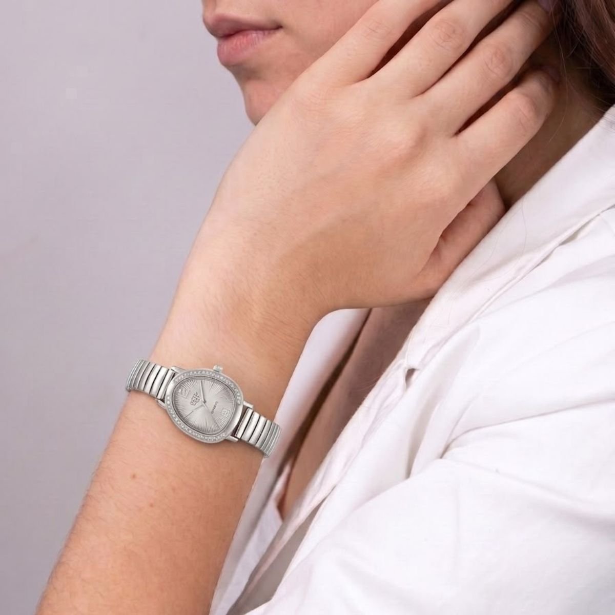 Relógio Feminino Luxo Gota Com Strass Correa Metal + Caixa Prata/Branco Prata 2