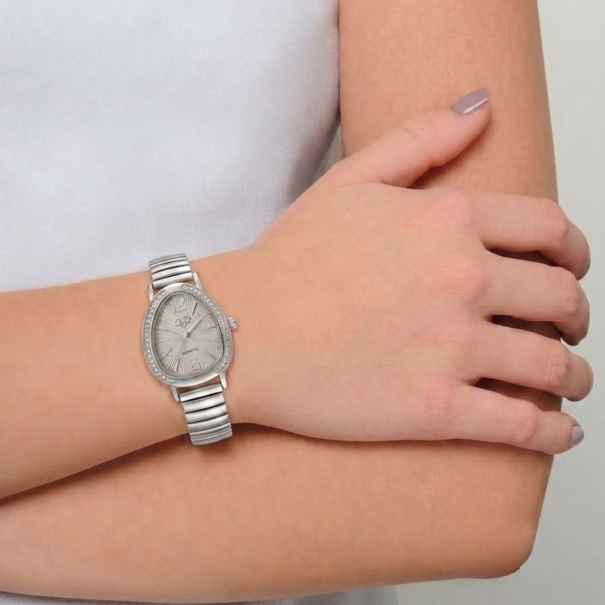 Relógio Feminino Luxo Gota Com Strass Correa Metal + Caixa Prata/Branco Prata 3