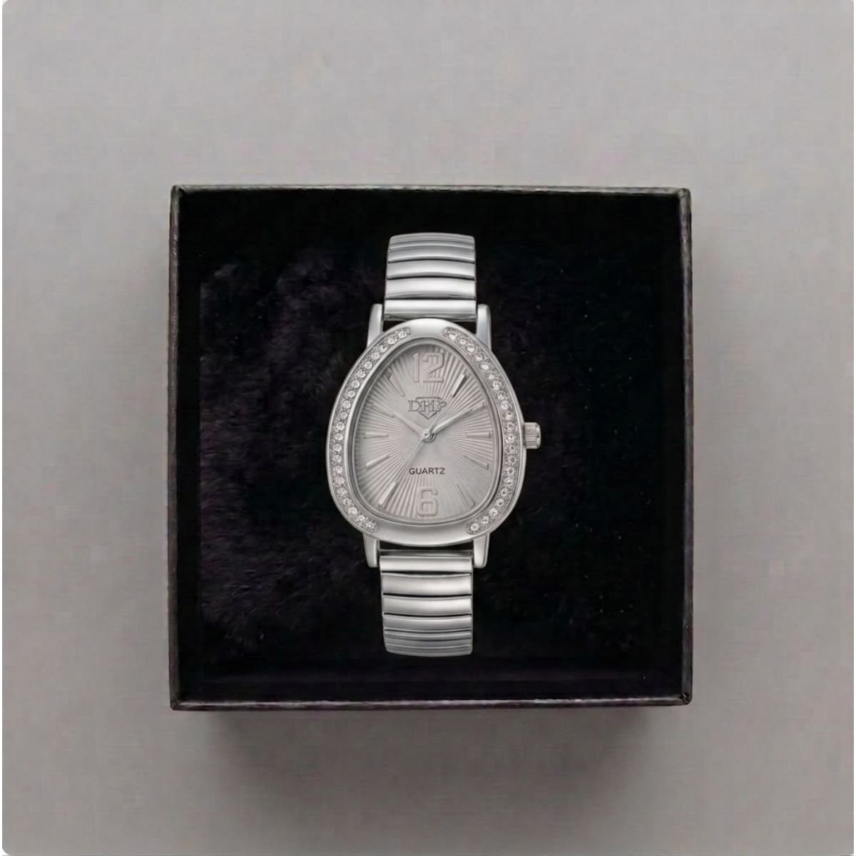 Relógio Feminino Luxo Gota Com Strass Correa Metal + Caixa Prata/Branco Prata 4