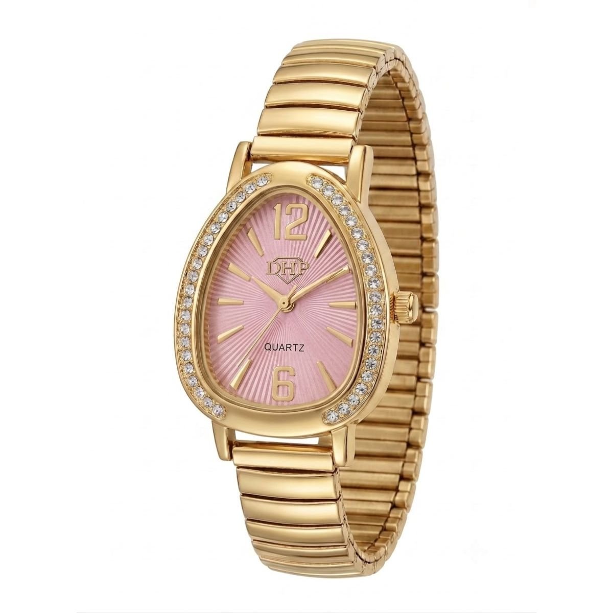Relógio Feminino Luxo Gota Com Strass Correa Metal + Caixa Dourado/Rosa
