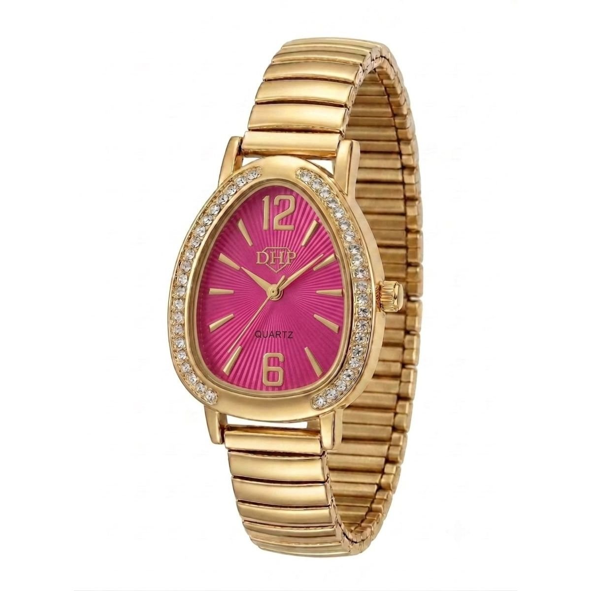 Relógio Feminino Luxo Gota Com Strass Correa Metal + Caixa Dourado/Pink