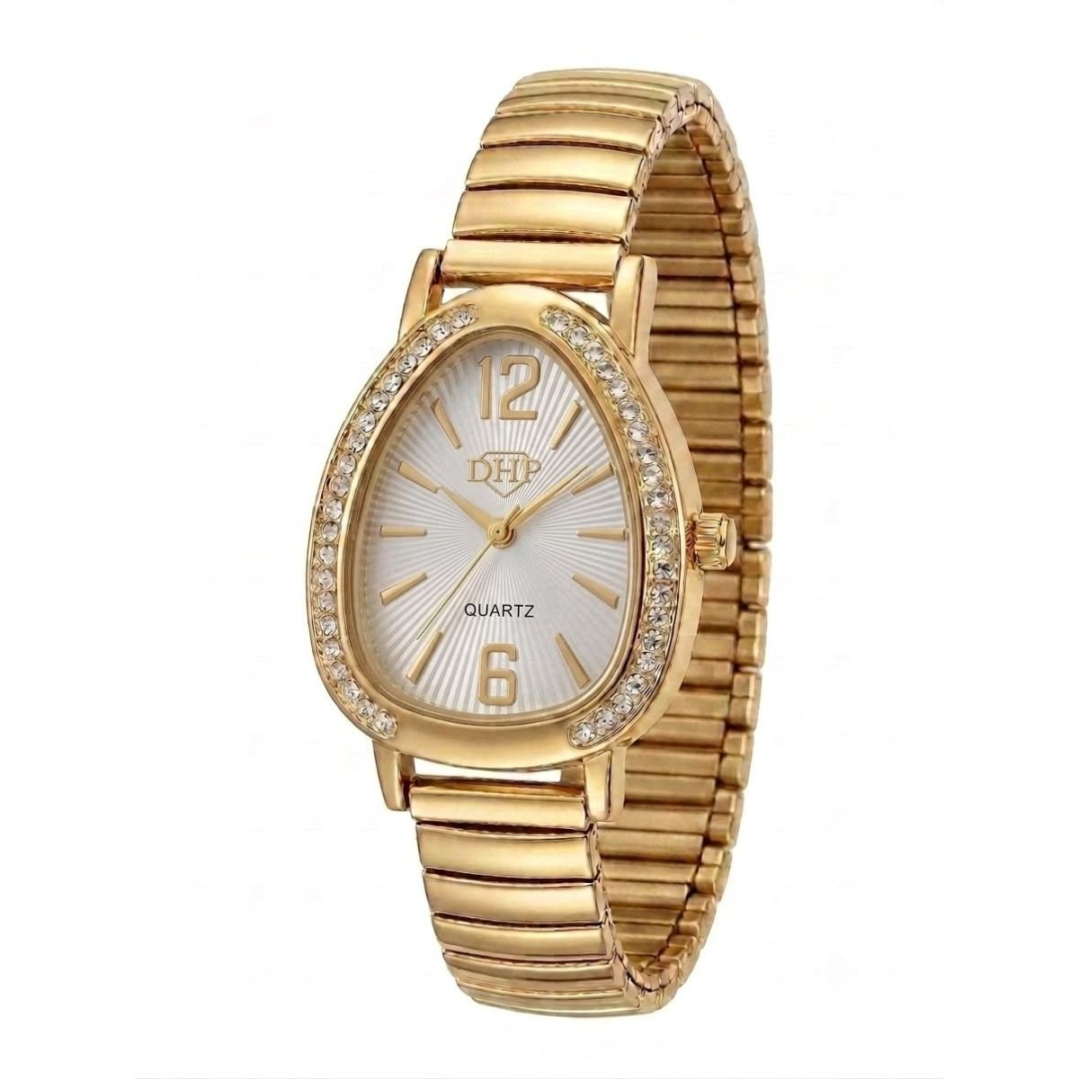 Relógio Feminino Luxo Gota Com Strass Correa Metal + Caixa Dourado/Branco