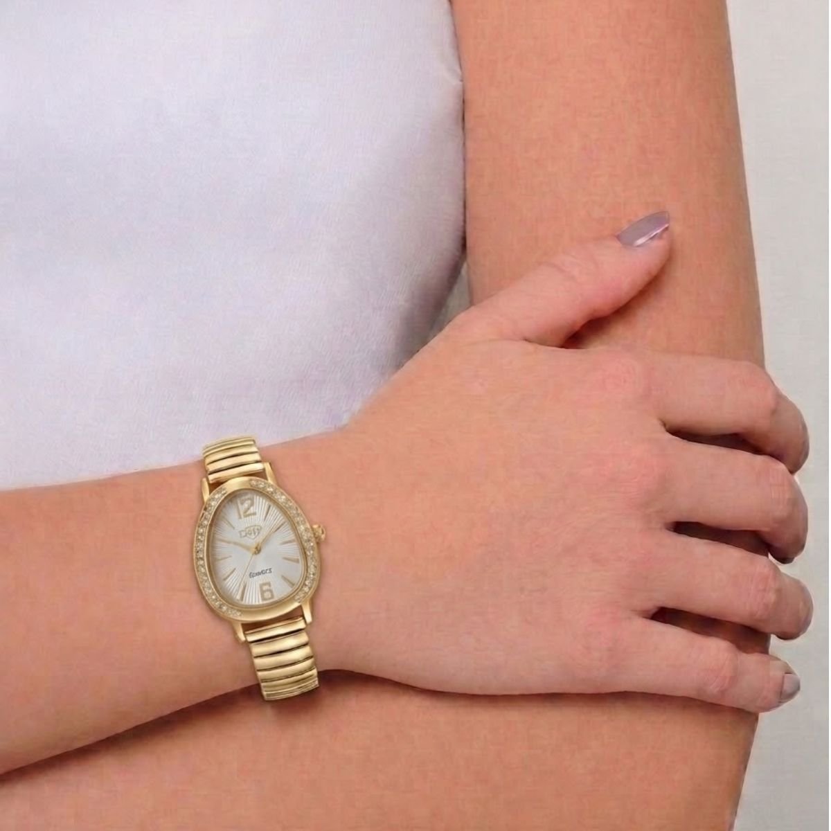 Relógio Feminino Luxo Gota Com Strass Correa Metal + Caixa Dourado/Branco Dourado 2