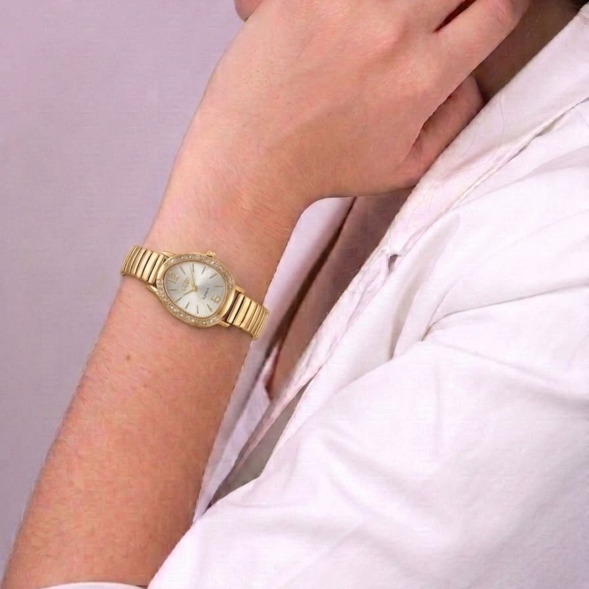 Relógio Feminino Luxo Gota Com Strass Correa Metal + Caixa Dourado/Branco Dourado 3