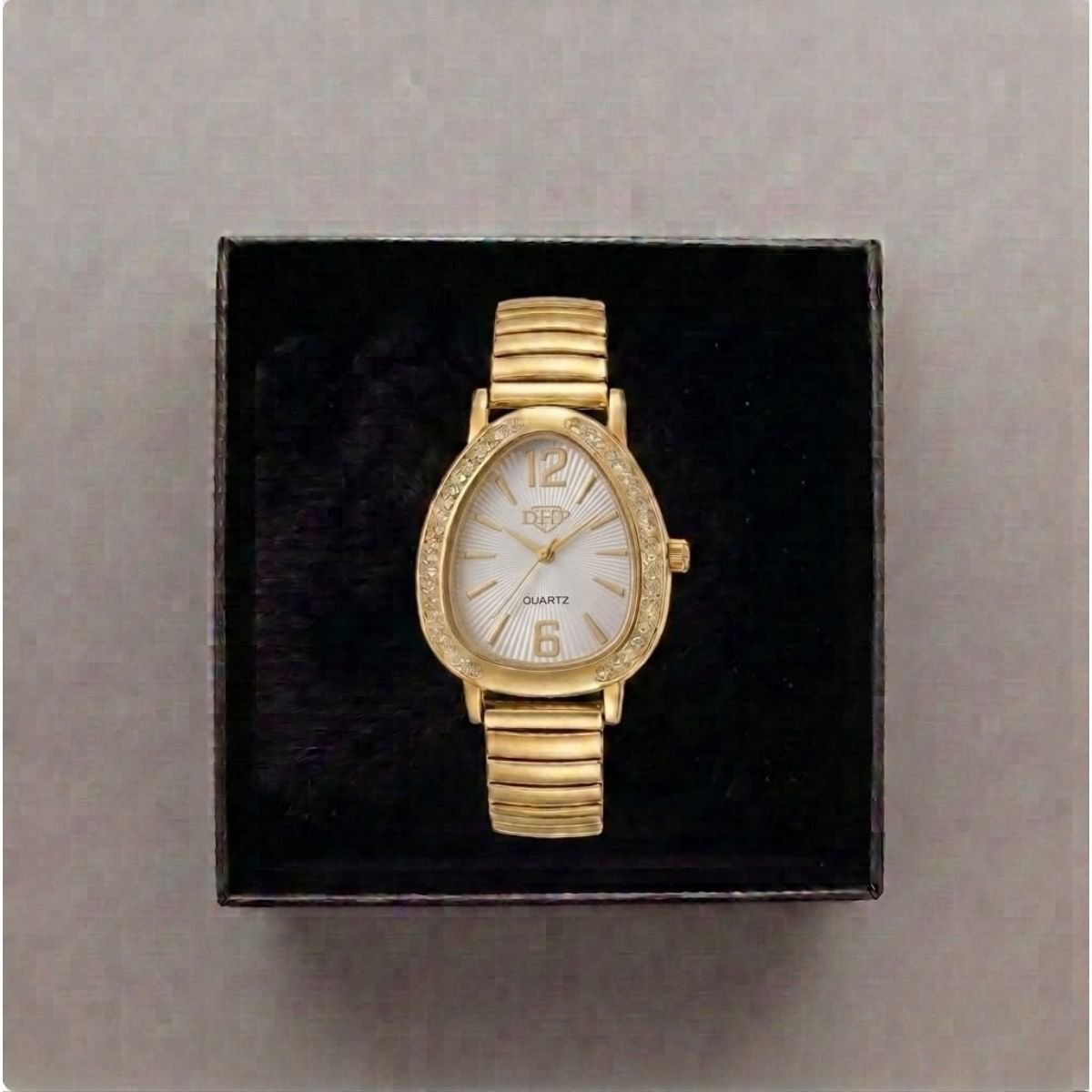 Relógio Feminino Luxo Gota Com Strass Correa Metal + Caixa Dourado/Branco Dourado 4