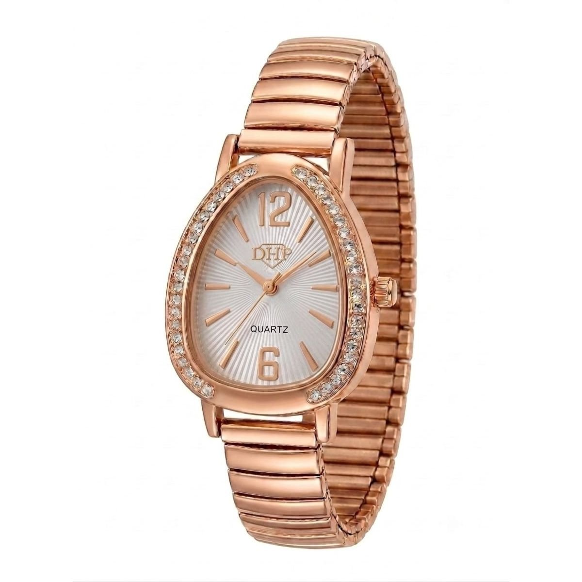 Relógio Feminino Luxo Gota Com Strass Correa Metal + Caixa Rosê/Branco