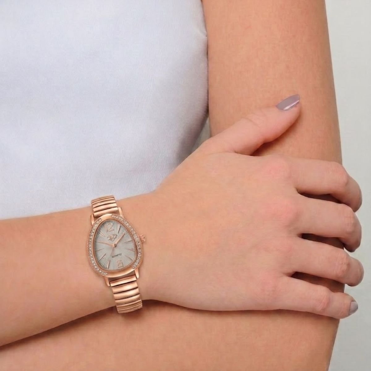 Relógio Feminino Luxo Gota Com Strass Correa Metal + Caixa Rosê/Branco Rosa 2