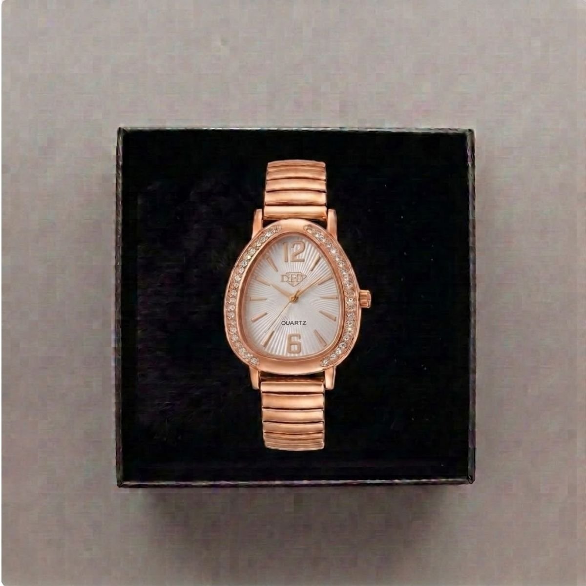 Relógio Feminino Luxo Gota Com Strass Correa Metal + Caixa Rosê/Branco Rosa 4